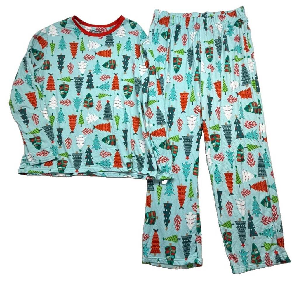 Jammies for Your Families Pajama Set Mens L Blue Christmas Tree 2 Pc Long Sleeve